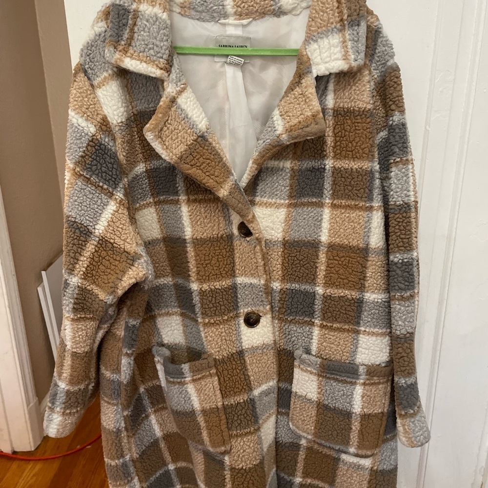 Cozy Plaid Teddy Jacket in Brown, Cream, and Gray